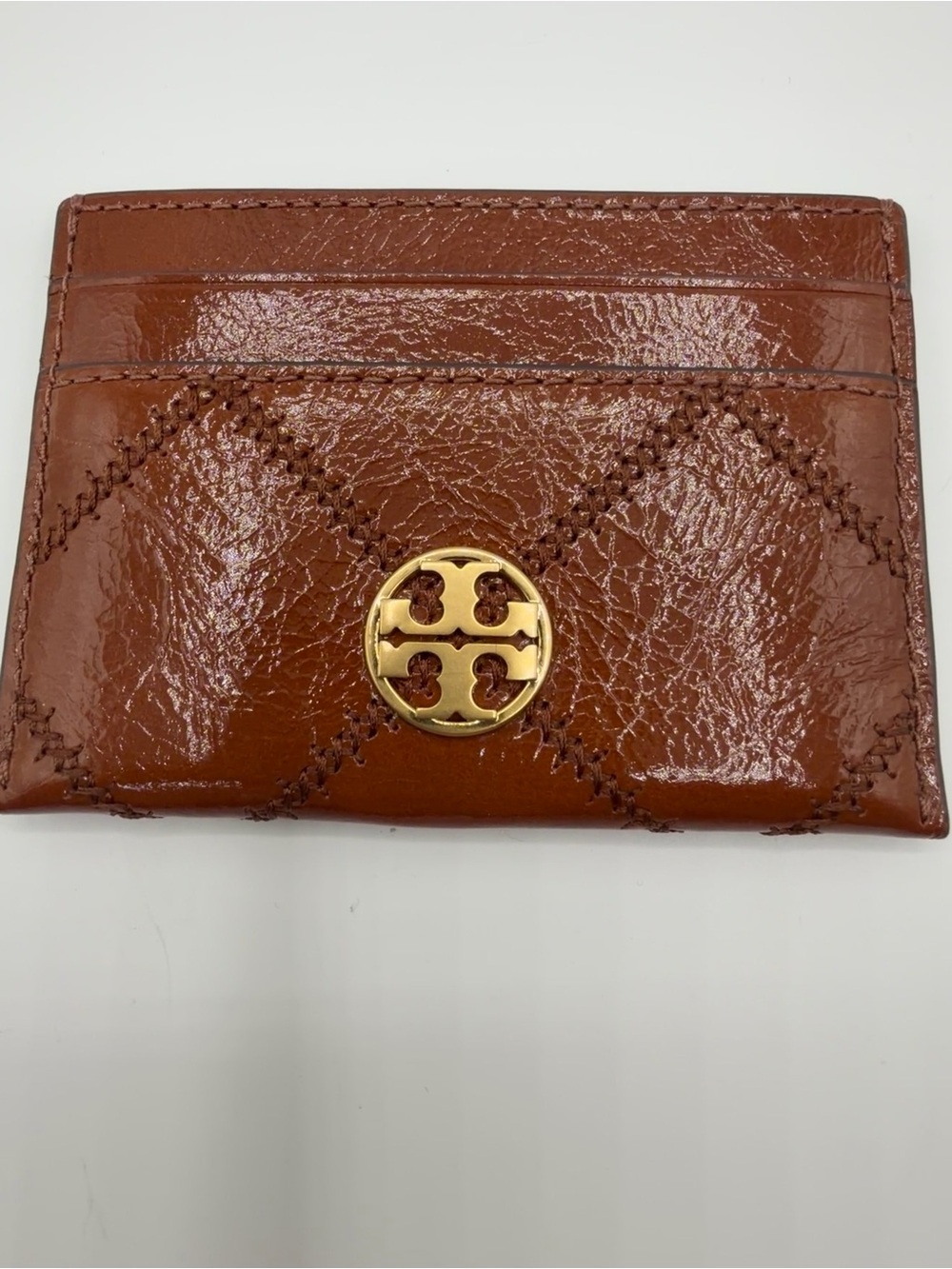 Tory Burch Willa Shine Slim Card Case Java Brown Crinkle Leather Quilted NWOT